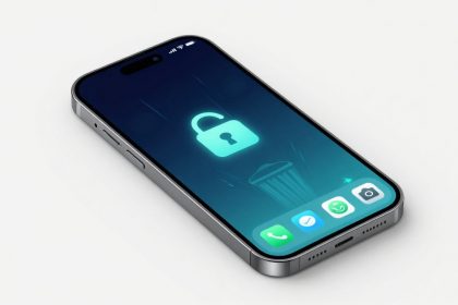 Smartphone on a light surface displaying a lock icon on the screen. The screen also shows app icons, including phone and camera.