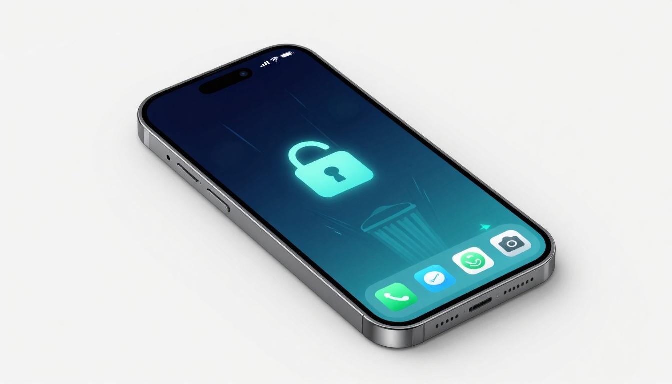 Smartphone on a light surface displaying a lock icon on the screen. The screen also shows app icons, including phone and camera.