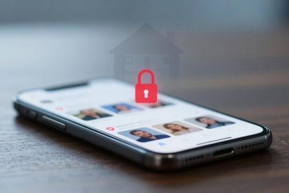 A smartphone on a wooden table displaying a social media app with profile pictures. A red padlock icon overlays the screen, symbolizing security.