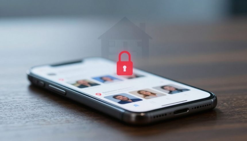 A smartphone on a wooden table displaying a social media app with profile pictures. A red padlock icon overlays the screen, symbolizing security.