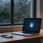 A laptop displaying a lock icon sits on a wooden desk beside a smartphone, a cup of coffee, and a potted plant. Raindrops cover the window behind, with a dimly lit room setting.