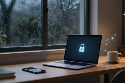 A laptop displaying a lock icon sits on a wooden desk beside a smartphone, a cup of coffee, and a potted plant. Raindrops cover the window behind, with a dimly lit room setting.