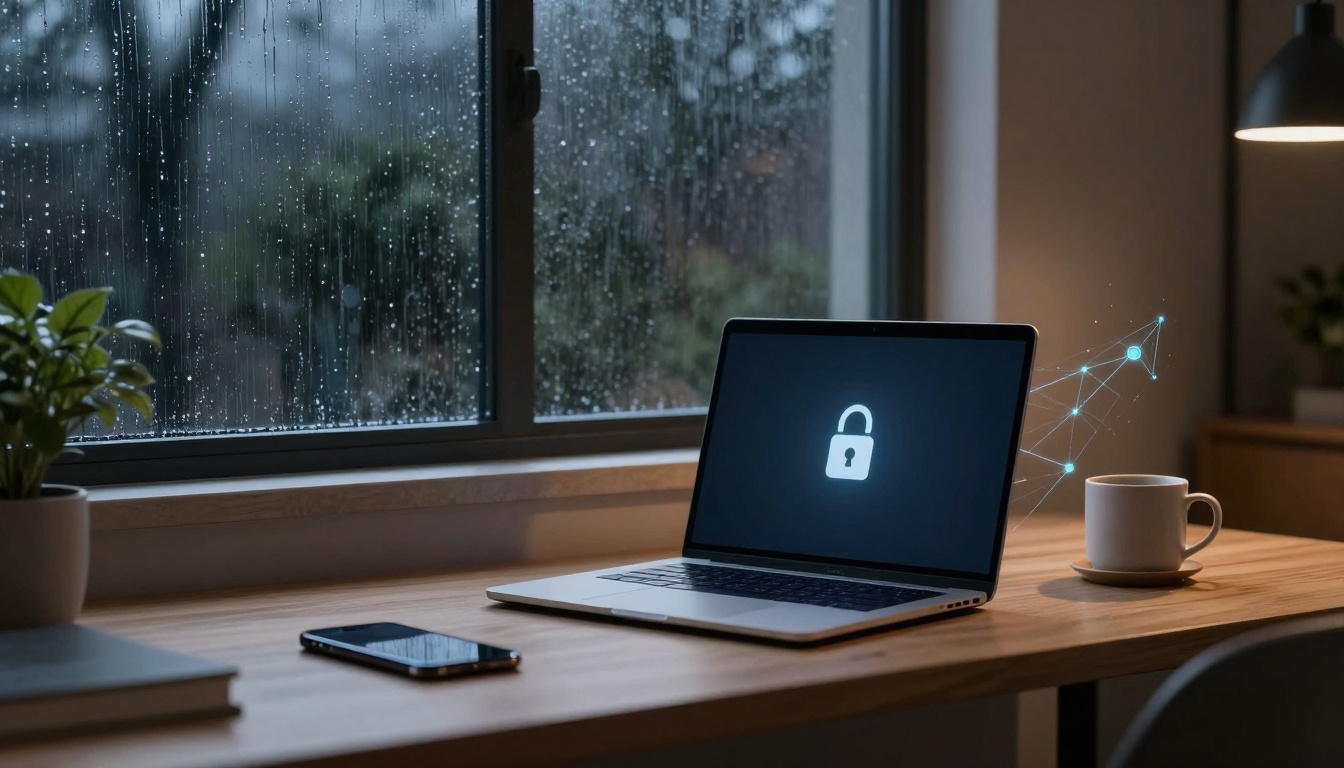 A laptop displaying a lock icon sits on a wooden desk beside a smartphone, a cup of coffee, and a potted plant. Raindrops cover the window behind, with a dimly lit room setting.