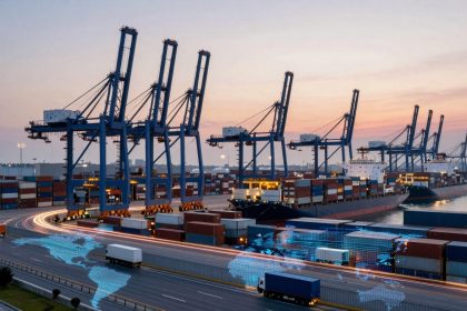 Cargo ships docked at a port with large blue cranes unloading containers. Trucks are moving containers on a road below, with a digital map overlay. The sky is at sunset.