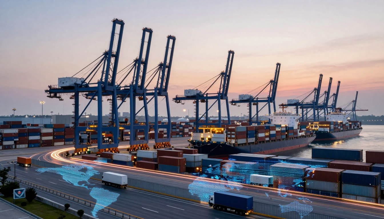Cargo ships docked at a port with large blue cranes unloading containers. Trucks are moving containers on a road below, with a digital map overlay. The sky is at sunset.