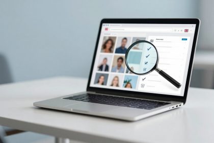 A laptop on a white table displaying a webpage with profile photos and checkboxes. A magnifying glass highlights the checkboxes.