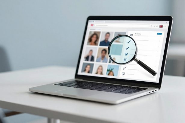 A laptop on a white table displaying a webpage with profile photos and checkboxes. A magnifying glass highlights the checkboxes.
