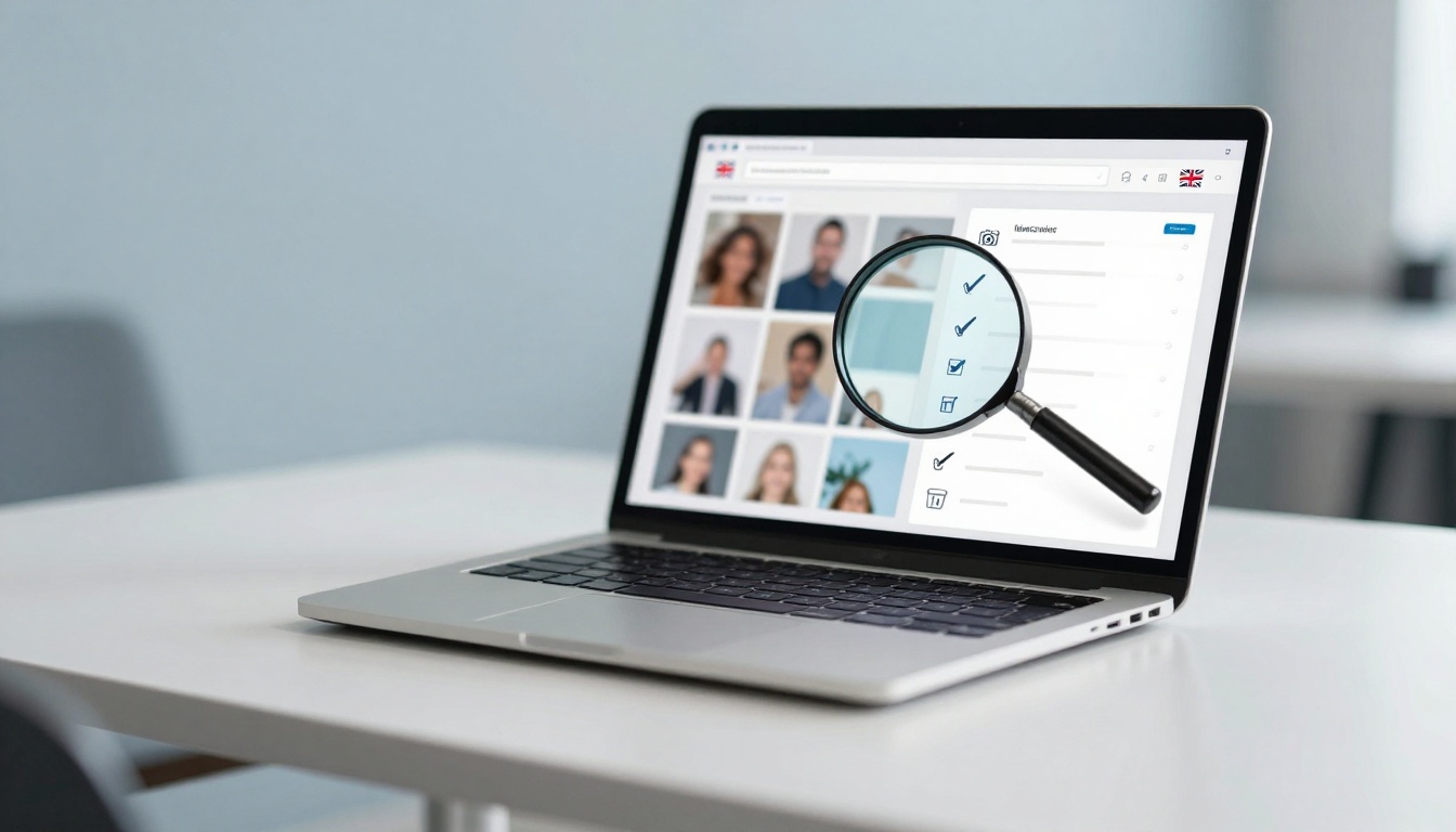 A laptop on a white table displaying a webpage with profile photos and checkboxes. A magnifying glass highlights the checkboxes.