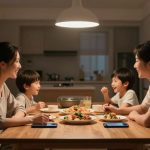 A family of four, two adults and two children, sit at a wooden dining table sharing a meal. They are smiling and engaged in conversation. Plates of food and two smartphones are on the table. A pendant light hangs above, illuminating the scene in a cozy kitchen setting.