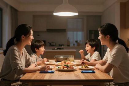 A family of four, two adults and two children, sit at a wooden dining table sharing a meal. They are smiling and engaged in conversation. Plates of food and two smartphones are on the table. A pendant light hangs above, illuminating the scene in a cozy kitchen setting.
