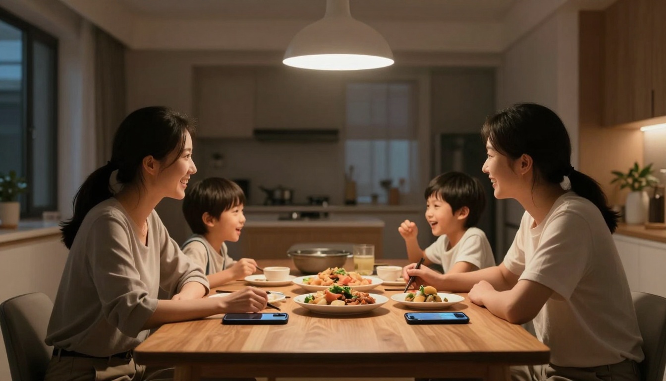 A family of four, two adults and two children, sit at a wooden dining table sharing a meal. They are smiling and engaged in conversation. Plates of food and two smartphones are on the table. A pendant light hangs above, illuminating the scene in a cozy kitchen setting.