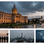 Top: A large, illuminated neoclassical building with a dome under a cloudy sky. Wet pavement reflects streetlights and cars. Bottom left: Silhouettes of people standing in a line at dusk. Bottom middle: Industrial refinery with smokestacks against a cloudy sky. Bottom right: World map overlaying a cityscape with industrial structures.