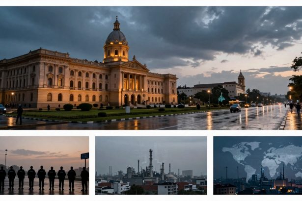 Top: A large, illuminated neoclassical building with a dome under a cloudy sky. Wet pavement reflects streetlights and cars. Bottom left: Silhouettes of people standing in a line at dusk. Bottom middle: Industrial refinery with smokestacks against a cloudy sky. Bottom right: World map overlaying a cityscape with industrial structures.