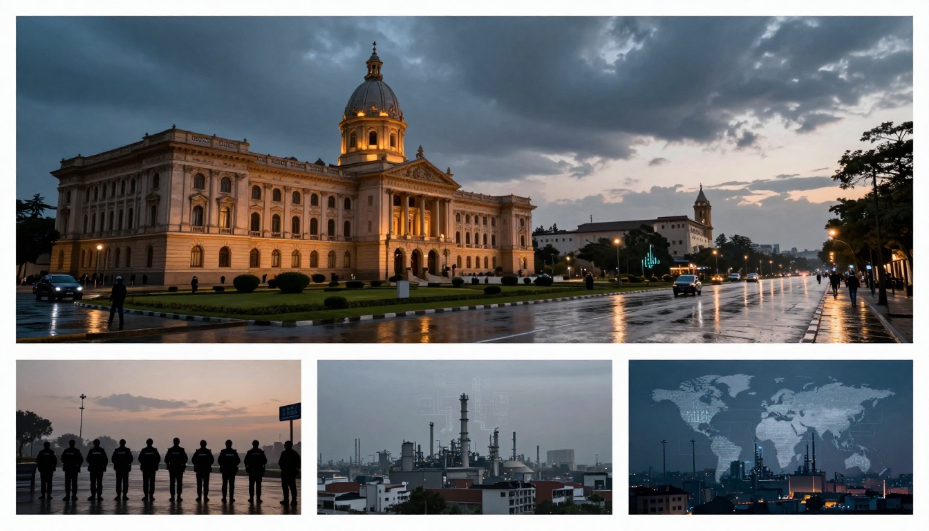 Top: A large, illuminated neoclassical building with a dome under a cloudy sky. Wet pavement reflects streetlights and cars. Bottom left: Silhouettes of people standing in a line at dusk. Bottom middle: Industrial refinery with smokestacks against a cloudy sky. Bottom right: World map overlaying a cityscape with industrial structures.