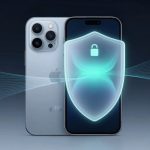 A silver smartphone with a triple-lens camera is shown next to another phone displaying a glowing shield with a lock icon, symbolizing security.