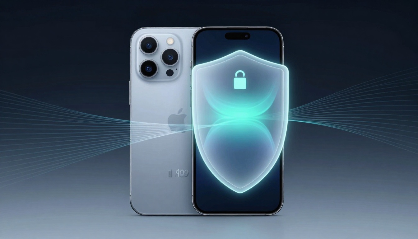 A silver smartphone with a triple-lens camera is shown next to another phone displaying a glowing shield with a lock icon, symbolizing security.