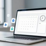 A laptop on a desk displays a calendar and clock on its screen. Floating app icons are visible nearby. The background is softly blurred.