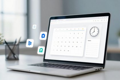 A laptop on a desk displays a calendar and clock on its screen. Floating app icons are visible nearby. The background is softly blurred.