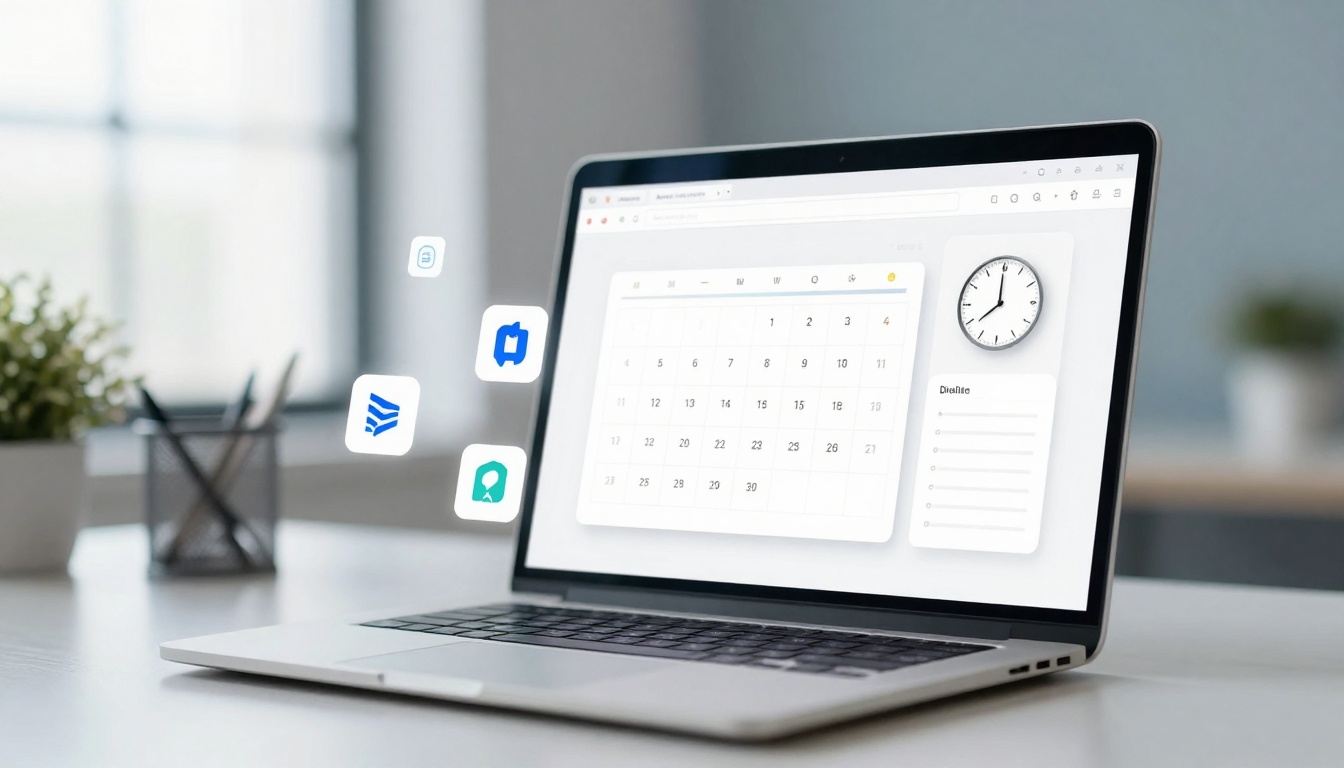 A laptop on a desk displays a calendar and clock on its screen. Floating app icons are visible nearby. The background is softly blurred.