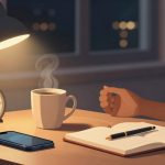 A cozy desk scene with a lamp illuminating a clock, a phone, an open notebook with a pen, a steaming mug, and a succulent plant. A hand rests on the table.