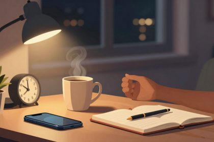 A cozy desk scene with a lamp illuminating a clock, a phone, an open notebook with a pen, a steaming mug, and a succulent plant. A hand rests on the table.