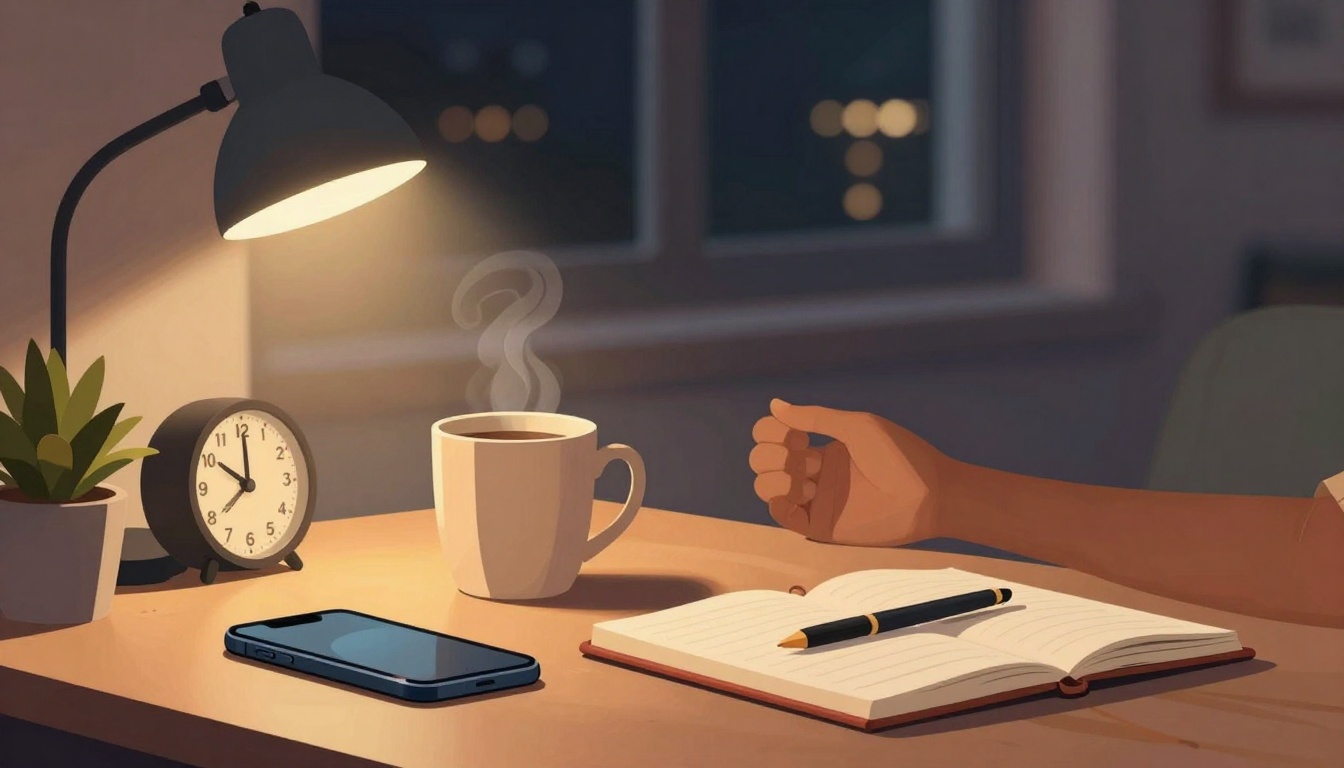 A cozy desk scene with a lamp illuminating a clock, a phone, an open notebook with a pen, a steaming mug, and a succulent plant. A hand rests on the table.