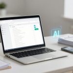 A laptop displaying an email inbox on a white desk, next to a smartphone, stacked papers, a notebook, and a small green plant. A holographic "AI" icon hovers near the laptop.