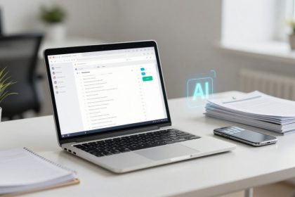 A laptop displaying an email inbox on a white desk, next to a smartphone, stacked papers, a notebook, and a small green plant. A holographic "AI" icon hovers near the laptop.