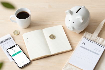 A desk with a white piggy bank, a spiral calendar set to January, an open notebook with a coin, a smartphone showing a finance app, a receipt, and a cup of black coffee.