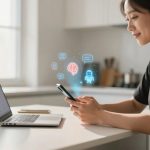 A woman in a black shirt uses a smartphone at a kitchen table, with a laptop and a calendar nearby. Holographic icons, including a brain and a robot, appear above the phone.