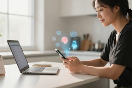 A woman in a black shirt uses a smartphone at a kitchen table, with a laptop and a calendar nearby. Holographic icons, including a brain and a robot, appear above the phone.