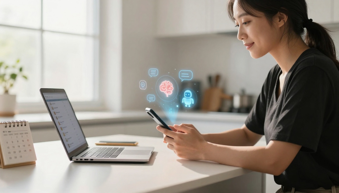 A woman in a black shirt uses a smartphone at a kitchen table, with a laptop and a calendar nearby. Holographic icons, including a brain and a robot, appear above the phone.