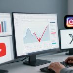 Person analyzing data on a multi-monitor setup. The main screen shows a line graph with a red upward trend. Side monitors display bar charts and logos of YouTube, Instagram, and X.