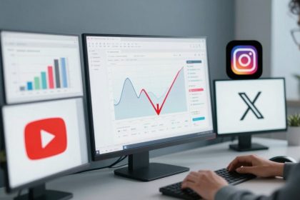 Person analyzing data on a multi-monitor setup. The main screen shows a line graph with a red upward trend. Side monitors display bar charts and logos of YouTube, Instagram, and X.