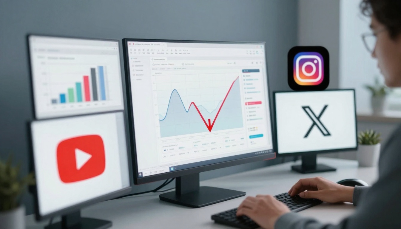 Person analyzing data on a multi-monitor setup. The main screen shows a line graph with a red upward trend. Side monitors display bar charts and logos of YouTube, Instagram, and X.
