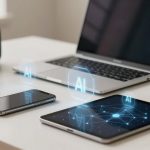 A laptop, smartphone, and tablet displaying "AI" holograms on a white desk. Two gray smart speakers with blue accents are nearby.