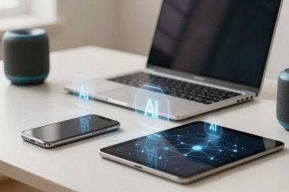 A laptop, smartphone, and tablet displaying "AI" holograms on a white desk. Two gray smart speakers with blue accents are nearby.