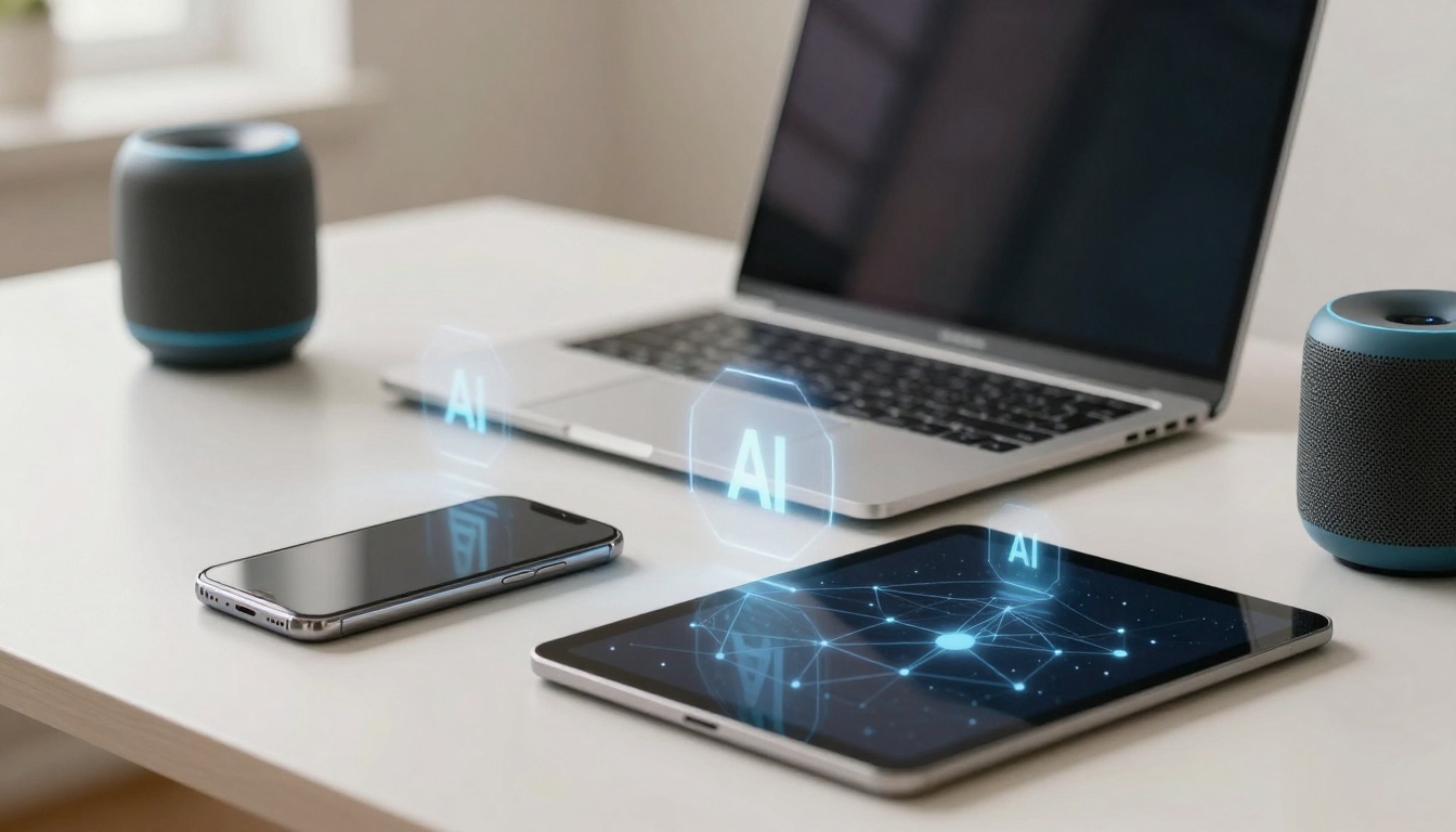 A laptop, smartphone, and tablet displaying "AI" holograms on a white desk. Two gray smart speakers with blue accents are nearby.