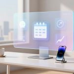 A modern office desk with a transparent digital display showing icons like a calendar and graph. A smartphone is on a stand, and a coffee cup is nearby. Bright window view in the background.