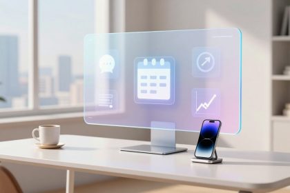 A modern office desk with a transparent digital display showing icons like a calendar and graph. A smartphone is on a stand, and a coffee cup is nearby. Bright window view in the background.
