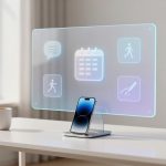 A smartphone on a stand projects a holographic interface with icons like a calendar, chat bubble, and running figures. A white mug is on the table. The setting is a bright, modern room with large windows and bookshelves.