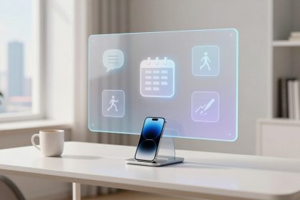 A smartphone on a stand projects a holographic interface with icons like a calendar, chat bubble, and running figures. A white mug is on the table. The setting is a bright, modern room with large windows and bookshelves.
