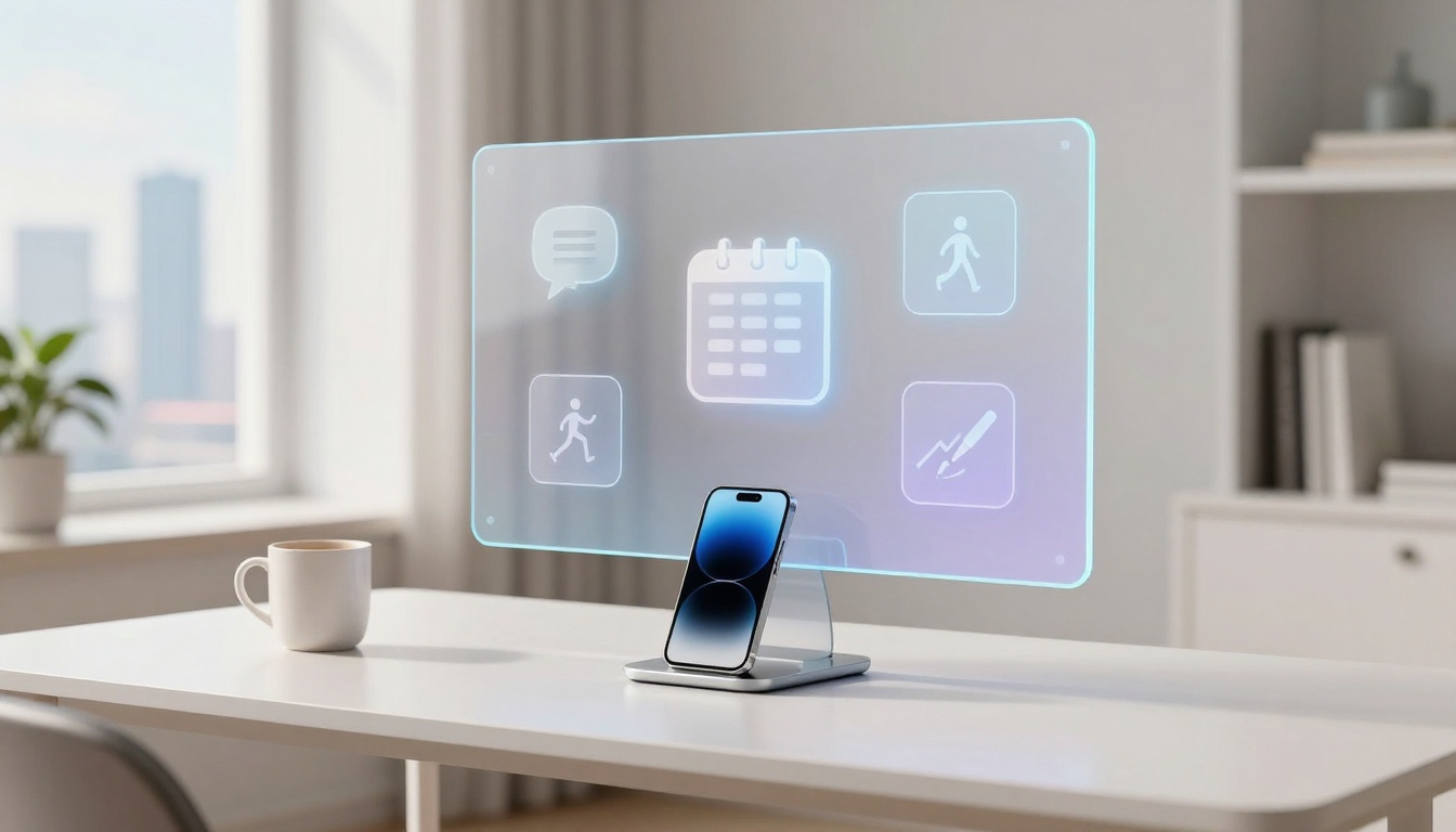 A smartphone on a stand projects a holographic interface with icons like a calendar, chat bubble, and running figures. A white mug is on the table. The setting is a bright, modern room with large windows and bookshelves.