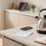 A modern kitchen counter with a stainless steel kettle, smartphone, and notepad. An open book and cup are nearby. Shoes are by the door.