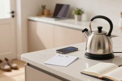 A modern kitchen counter with a stainless steel kettle, smartphone, and notepad. An open book and cup are nearby. Shoes are by the door.