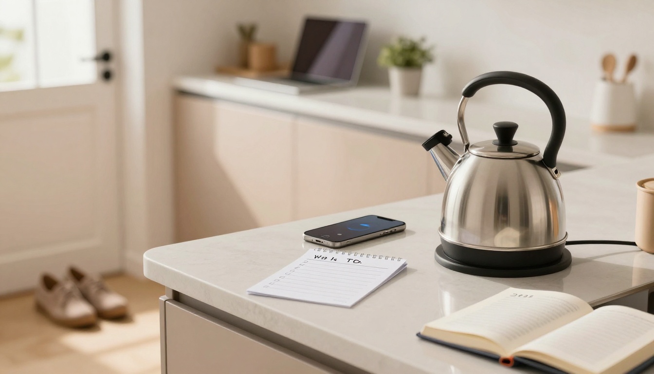 A modern kitchen counter with a stainless steel kettle, smartphone, and notepad. An open book and cup are nearby. Shoes are by the door.