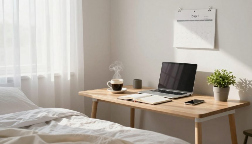 A tidy workspace with a wooden desk next to a bed. Items on the desk include a steaming cup of coffee, a closed laptop, a notebook, a smartphone, and a small potted plant. A calendar labeled "Day 1" is hanging on the wall. Sunlight filters through sheer curtains.