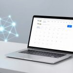 A laptop displaying a Google Calendar for 2026 is on a white table. A glowing network graphic is to the left, and a blurred graph is in the background.