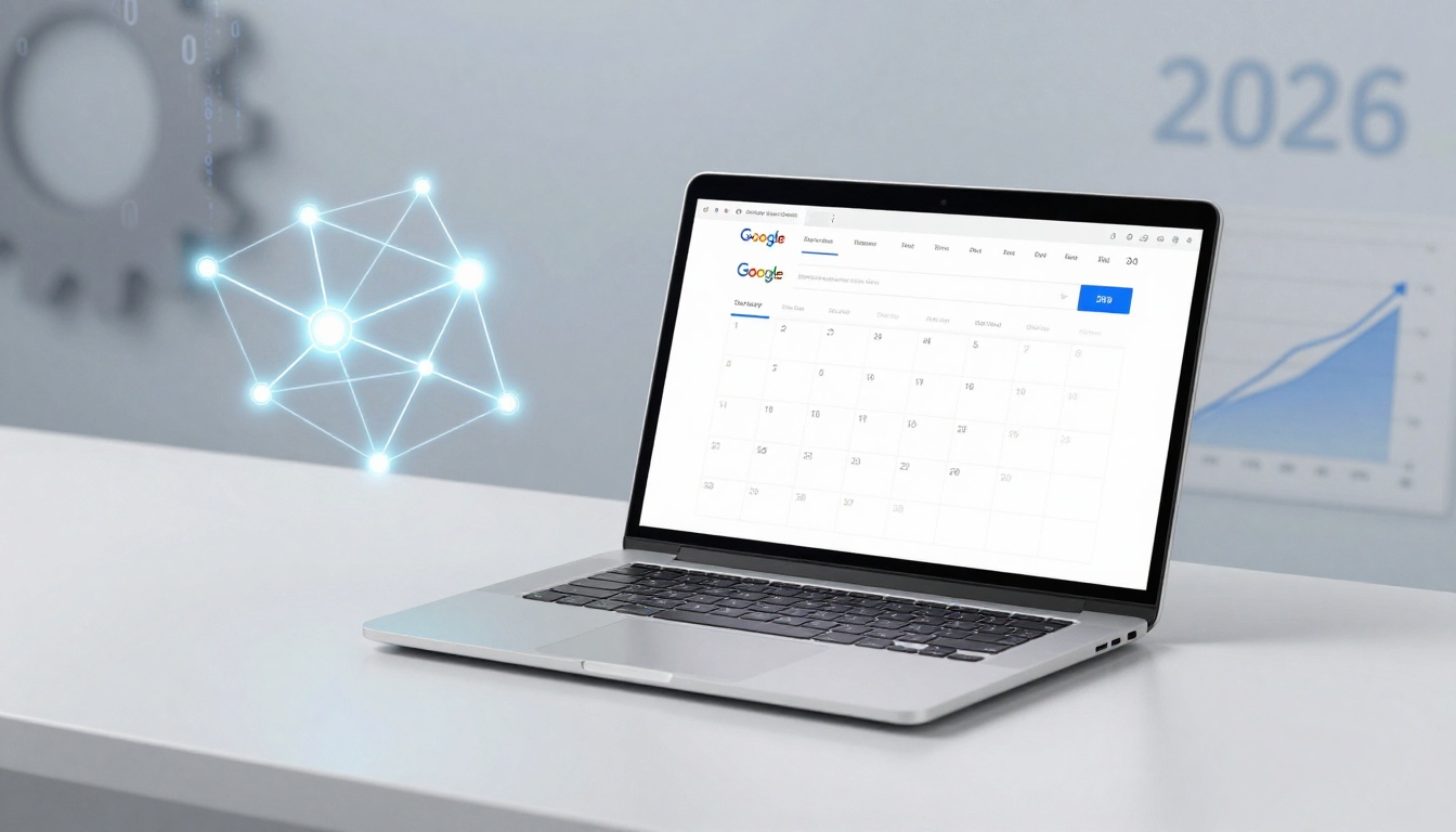 A laptop displaying a Google Calendar for 2026 is on a white table. A glowing network graphic is to the left, and a blurred graph is in the background.