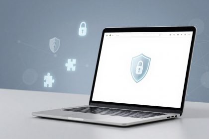Open laptop on a white desk, displaying a shield with a lock icon on the screen. Background features floating lock and puzzle icons.